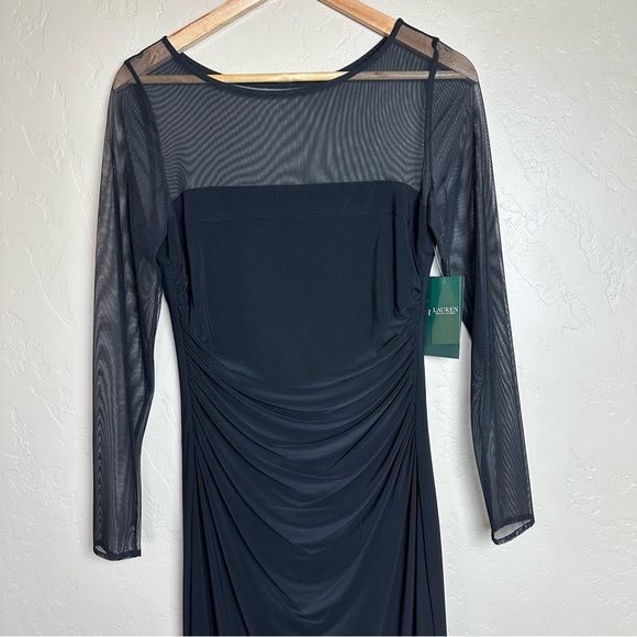 Lauren Ralph Lauren Black Illusion Mesh Ruched Jersey Gown Long Sleeve Size 8 - Picture 2 of 6